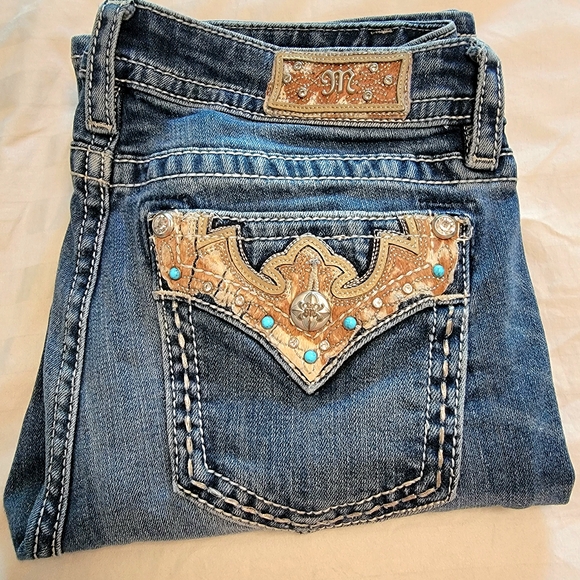 Miss Me Denim - Miss Me Western Chloe Boot Medium Wash Jeans With Embellished Turquoise Accents